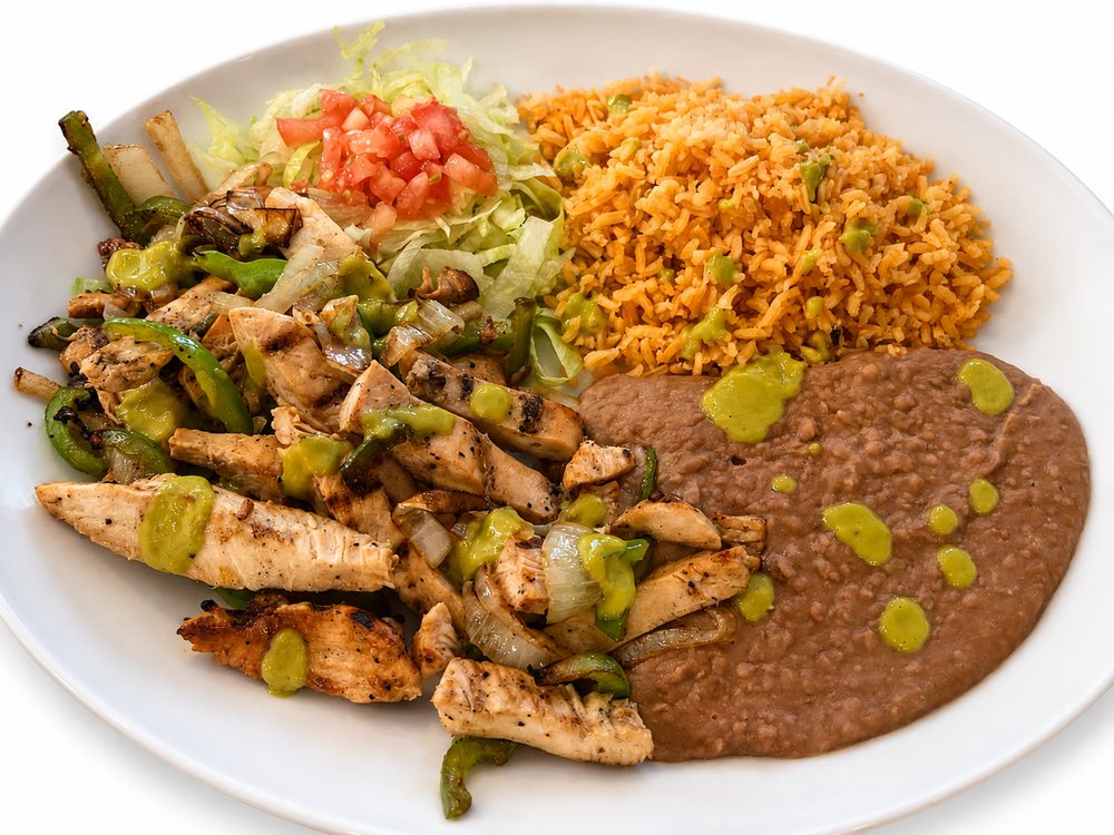 Meal photo sent to NanoRhino: chicken fajita plate with rice and beans